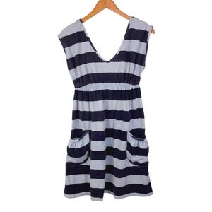 Vtg Babydoll Dress Sz M Blue Deep-V Stretch Striped Pockets Cap Sleeve